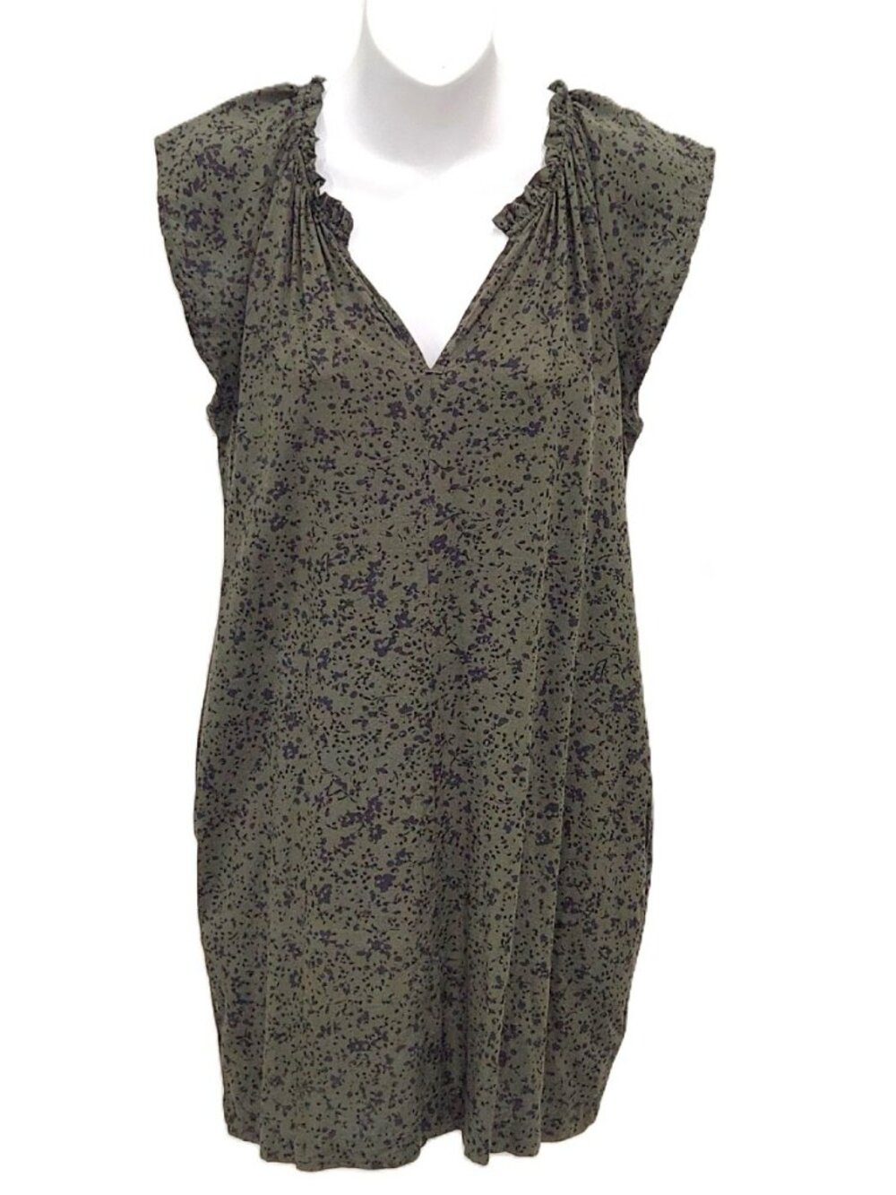 Gap Floral Mini Dress Ruffle Flutter V-neck Pockets Casual Fall Olive XS